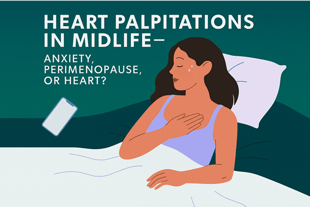 An illustration of a woman lying awake in bed with one hand on her chest, beside the article's title.
